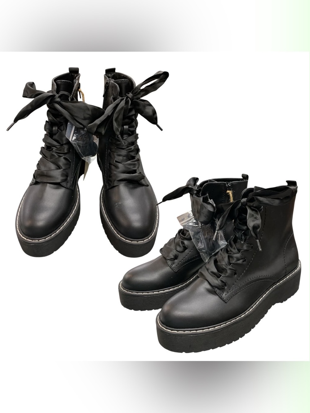 Designer Lab Black Lace-Up Platform Ankle Boots with Satin Laces S9